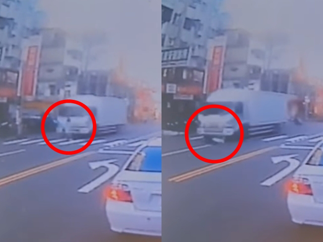 新竹市光復路与关新路口昨（21）发生1名女学生走在斑马线上，遭到1辆绿灯左转的货车撞上，全身被卷进车底消失，惊悚影像曝光吓坏人。（翻摄自脸书「新竹爆料公社」）