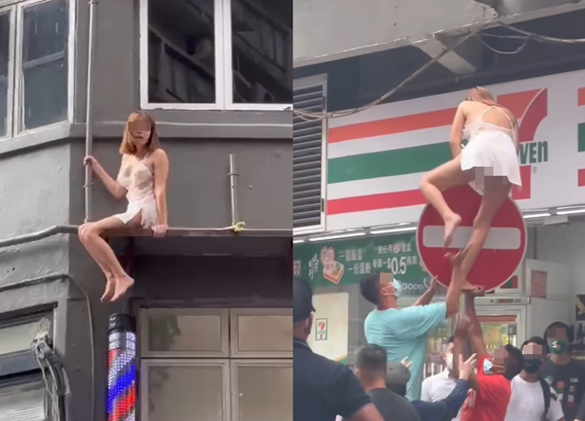 性感睡衣妹面露慌张的从3楼外墙爬墙逃跑，所幸底下的观看民眾最后合力将她接到路面上。（翻摄自脸书爆废公社公开版）