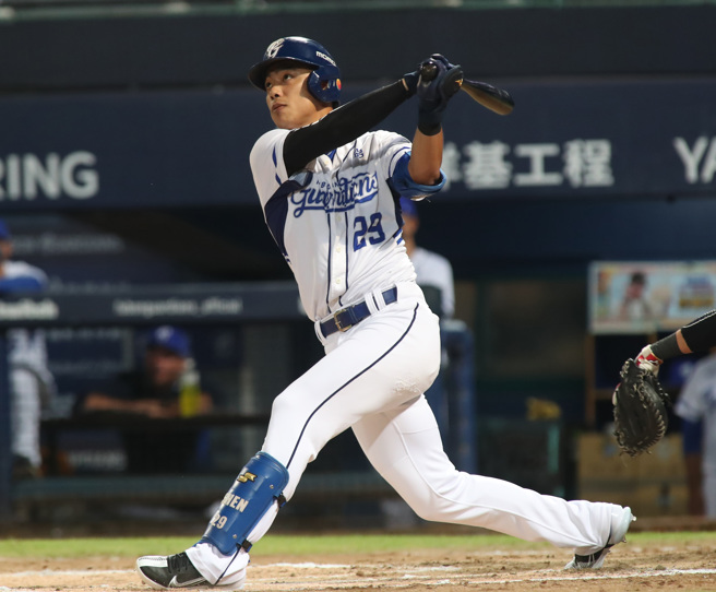 富邦悍将申皓玮首局敲出2分炮。（郑任南摄）