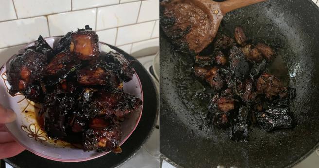 人妻下厨煮糖醋排骨，结果烧焦变「焦糖排骨」。（图／翻摄自爆怨公社）