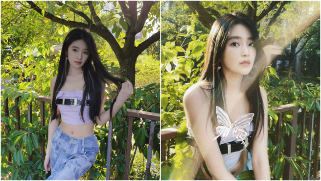 柴蔚倚靠在欄杆上，大方秀出小蠻腰。（圖／柴蔚微博）
