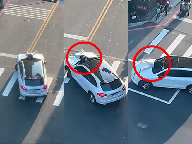 台中中清路、文武街口日前有民眾目击1名男子趴在保时捷引擎盖，双手紧抓A柱，而保时捷还直接行驶，男子则不时拍打挡风玻璃。（翻摄自脸书「记者爆料网」）