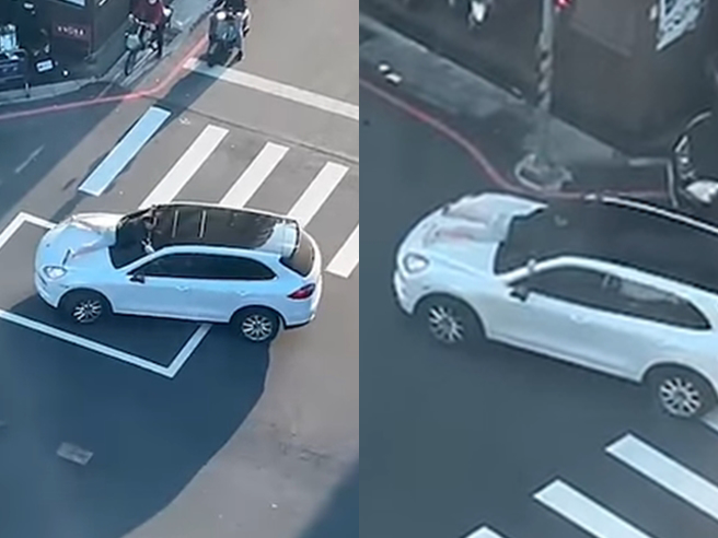 台中中清路、文武街口日前有民眾目击1名男子趴在保时捷引擎盖，双手紧抓A柱，而保时捷还直接行驶，男子则不时拍打挡风玻璃。（翻摄自脸书「记者爆料网」）