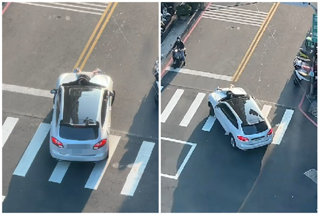 表哥不给搭保时捷，他「趴引擎盖」耍赖。(民眾提供)