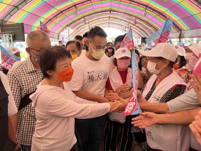 爭取連任的台中市長盧秀燕(左)逐一與民眾握手，她強調，市民就是她的大咖。(林欣儀攝)