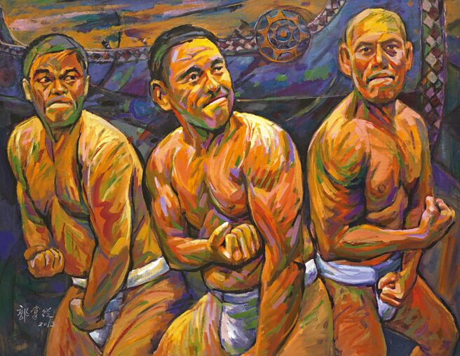 郭掌从原住民油画作品「达悟勇士」。图／郭掌从提供