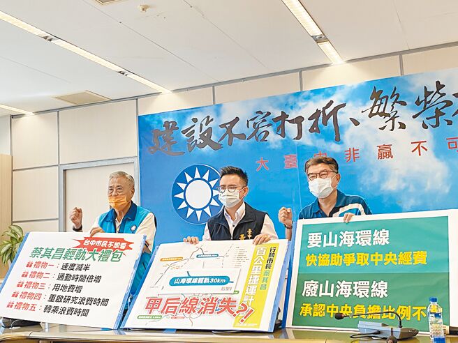 国民党台中市议员黄健豪（中）、李中（右）及杨正中（左）23日在台中市议会党团举行记者会，批评民进党台中市长参选蔡其昌的轻轨政见是龟速路线，更直批「铁轨换轻轨就是搞鬼」。（张亦惠摄）