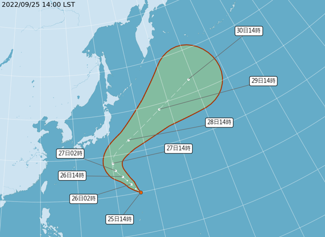 氣象局表示TD20最快明日生成輕颱庫拉。（翻攝自氣象局）