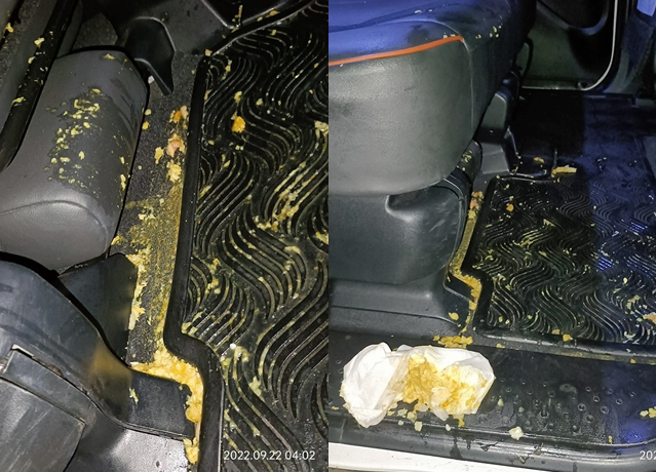 有名司機載到酒客卻慘遭嘔吐物噴灑整車，但公司只願意補償1千5，但司機不能收現金。（翻攝自臉書爆怨公社）