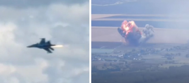 Su-30被飞弹击中而起火，随后坠毁。(图/Youtube)