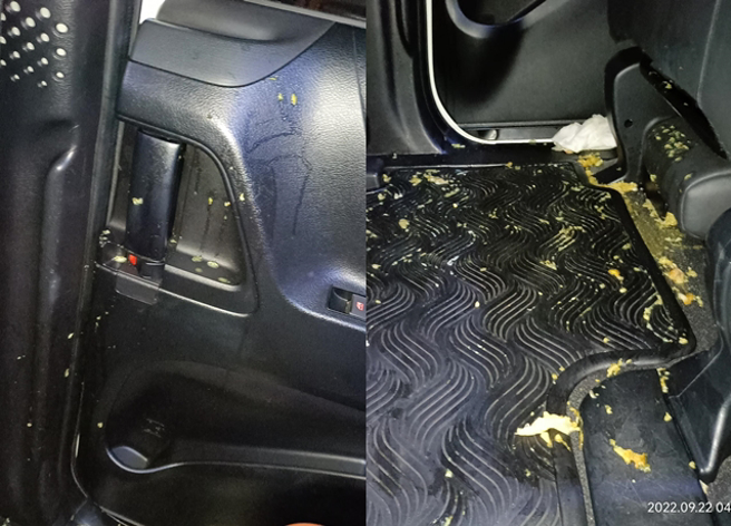 有名司機載到酒客卻慘遭嘔吐物噴灑整車，但公司只願意補償1千5，但司機不能收現金。（翻攝自臉書爆怨公社）