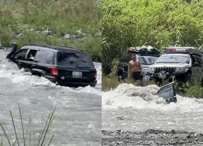 1辆休旅车在撤离时，惨遭湍急溪水冲走，所幸车内驾驶幸运逃出。（翻摄自影片）
