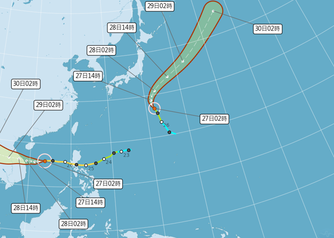 雙颱遠離，對台灣均無影響。（中央氣象局提供）