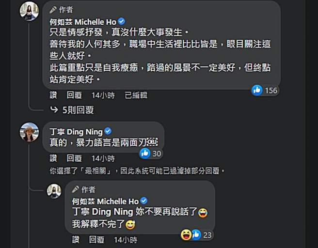 何如芸回覆丁寧。（圖／翻攝自何如芸 Michelle Ho臉書）