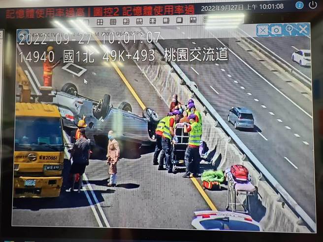 國道1號北上49.5K處，今天早上9時28分警方接獲報案，1轎車疑似自撞翻覆。（翻攝照片）