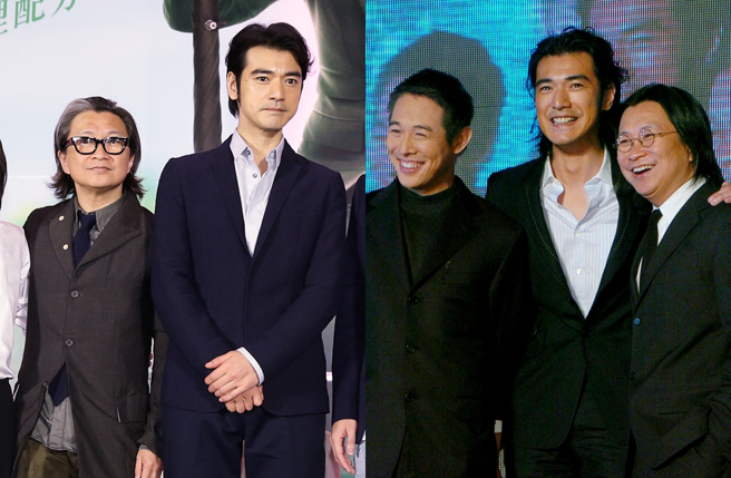 金城武与陈可辛2017年合作《喜欢·你》（左图）；陈可辛2007年耗资13亿台币找李连杰（右图左1起）、金城武等人拍《投名状》。（图／中时资料照片）