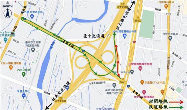 国道一号台中交流道，北上入口匝道封闭改道路线图。（高公局中区养护工程分局提供）