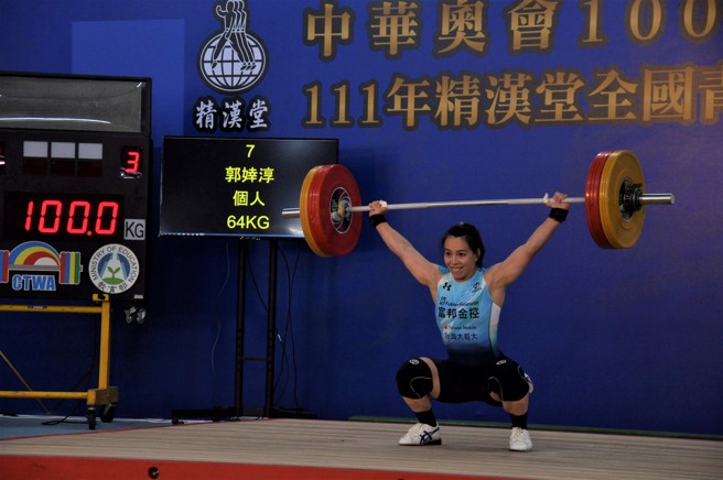 郭婞淳以抓举100公斤、挺举125公斤、总和225公斤夺下青年杯64公斤级冠军。（黄邱伦摄）