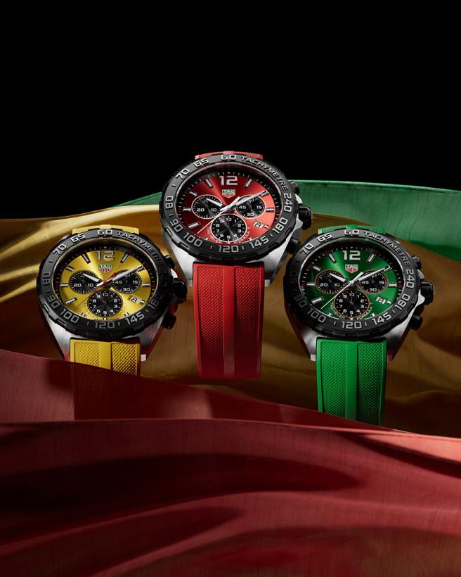 泰格豪雅FORMULA1(F1)计时腕表，有绿、黄、红三种色调。（TAG Heuer提供）