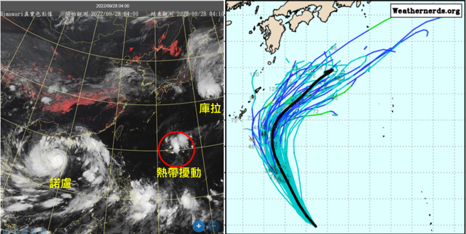 左图为28日4时真实色云图显示，「诺卢」、「库拉」之间，关岛西北西方有热带扰动正在发展。右图为最新(27日20时)欧洲系集模式(ECMWF)50次模拟路径显示，其向北北西朝琉球东方海面接近，之后向东北迴转，对台影响机率低。(图撷自「三立准气象· 老大泄天机」/weathernerds.org)
