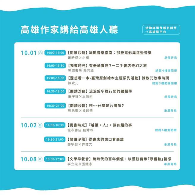 高雄城市书展邀请眾多高雄在地作家将分享创作给高雄人。（高市文化局提供／杨舒婷高雄传真）