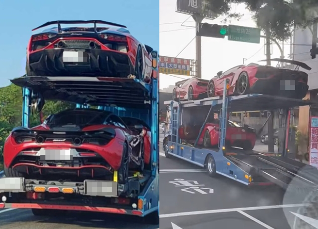 男子看到1辆托运货车载满4辆千万超跑，不禁直呼「司机手抖不停」。（翻摄自脸书爆废公社公开版）