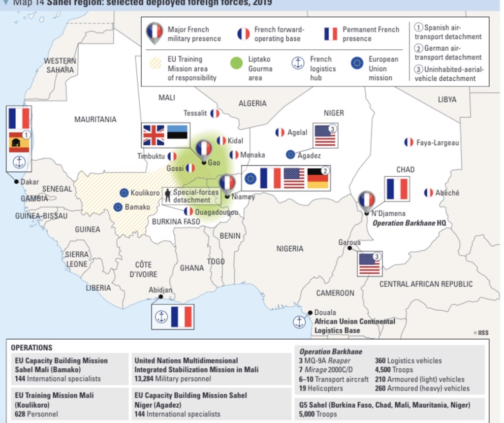 英国军事智库国际战略研究所（IISS）2019年的资料显示法国在非洲的军事部署。（The Military Balance 2019, IISS）(photo:ChinaTimes)
