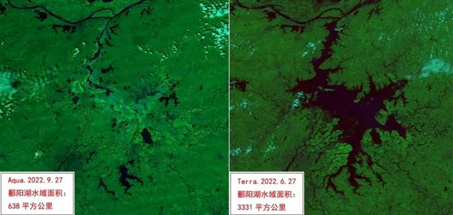 Aqua卫星监测图片显示，鄱阳湖面积剩不到三成。（九派新闻）