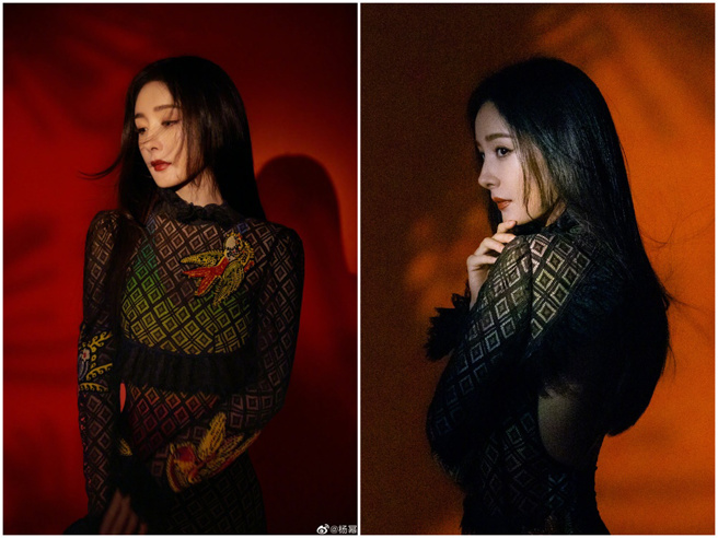 杨幂穿上性感的透视装。（图／微博@杨幂、嘉行杨幂工作室）