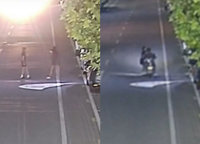 短裙妹与友人半夜不睡觉竟在马路中间拍照，惨遭1名酒驾骑士撞飞。（翻摄自微博）