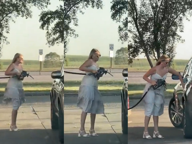 女子在自助加油站试了数次都无法顺利把油枪放入加油孔，不是车子距离太远，就是加油孔在另一侧，一旁其他驾驶全看傻眼。（翻摄自推特帐号「JimLeitrim2」）