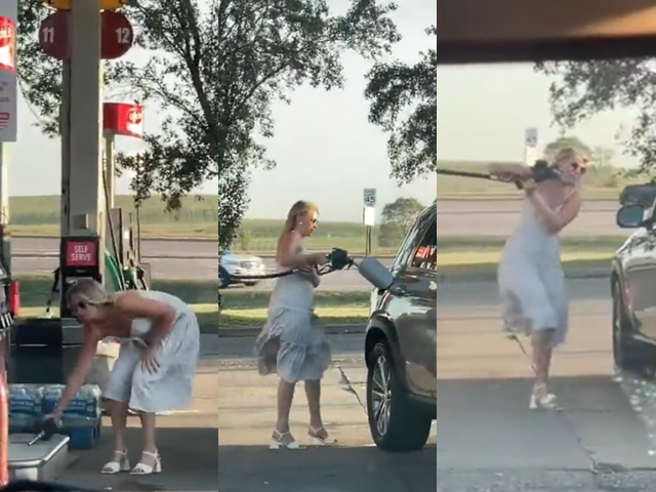 女子在自助加油站试了数次都无法顺利把油枪放入加油孔，不是车子距离太远，就是加油孔在另一侧，一旁其他驾驶全看傻眼。（翻摄自推特帐号「JimLeitrim2」）