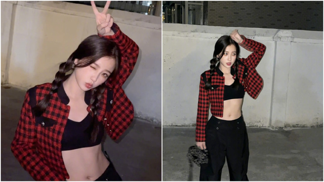 虞書欣身穿紅黑格子襯衫，搭配小馬甲，精緻小蠻腰自然露出。（圖／翻攝自虞書欣微博）