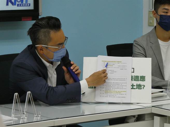 民進黨立委蔡適應遭爆料，去年利用立委職權施壓國防部，賤賣新北市林口干城二村眷地，讓黑道及財團牟取暴利。蔡回應，是國民黨時代政策。國民黨立委洪孟楷今出示2016年內政部都計會會議紀錄打臉，直指是民進黨政府開巧門。（周志豪攝）