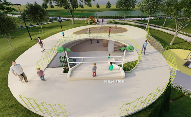 嘉義市「北香湖公園」入口處將建造「綠豆仁」遊戲場的示意圖。（嘉義市政府提供／廖素慧嘉市傳真）