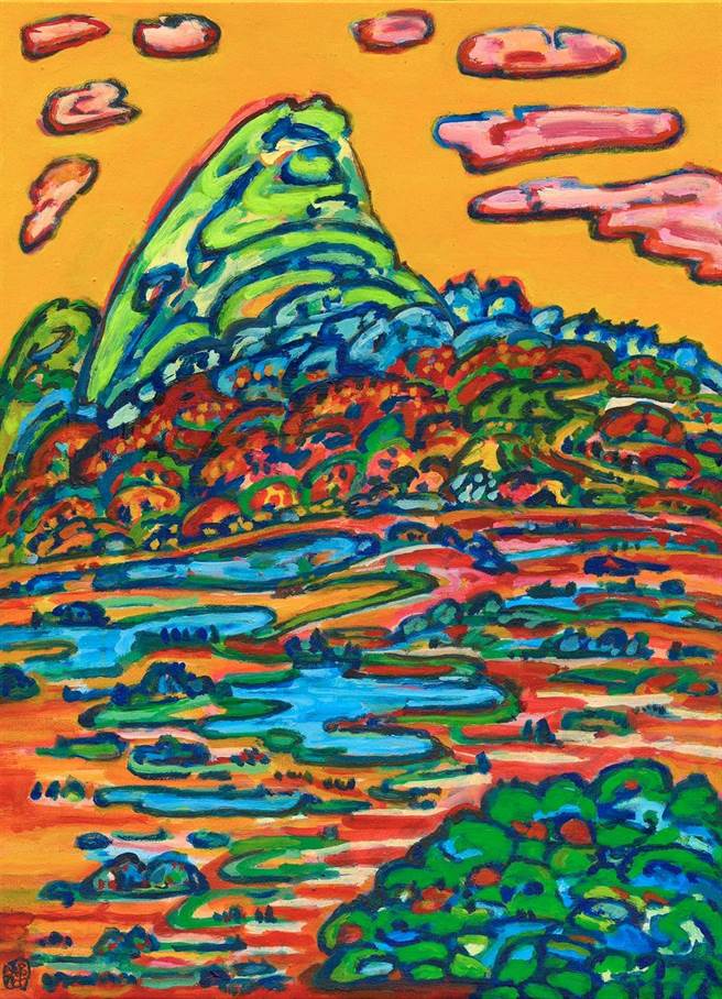 黃騰輝2023年藝術年曆收錄的作品《玉山秋韻》。（黃輝騰提供／陳淑芬台中傳真）