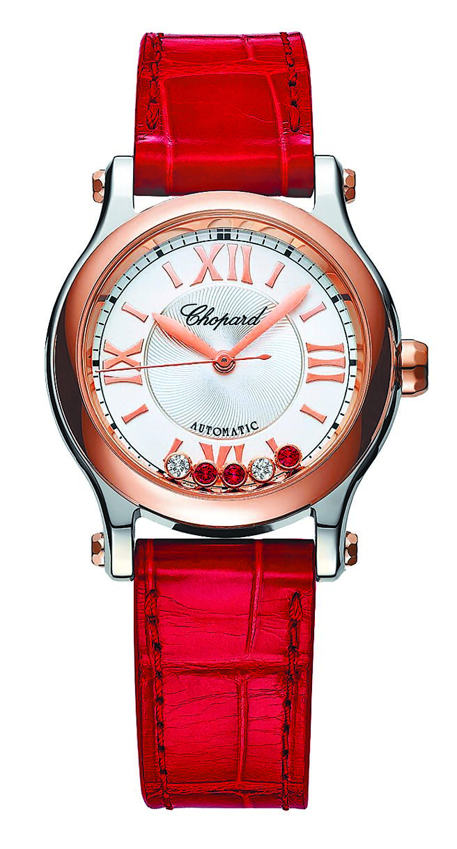 萧邦Happy sport腕表，精钢与玫瑰金表壳，搭红色皮表带，27万4000元。（CHOPARD提供）