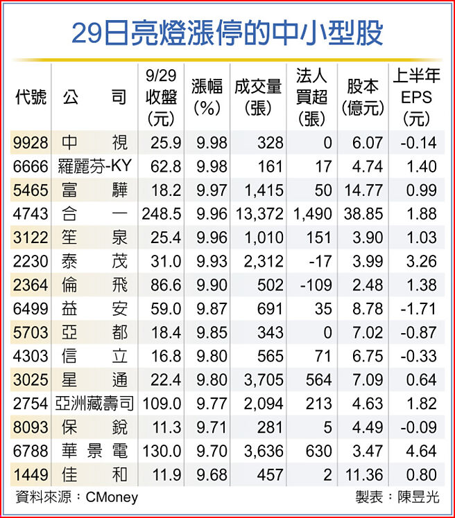 29日亮灯涨停的中小型股