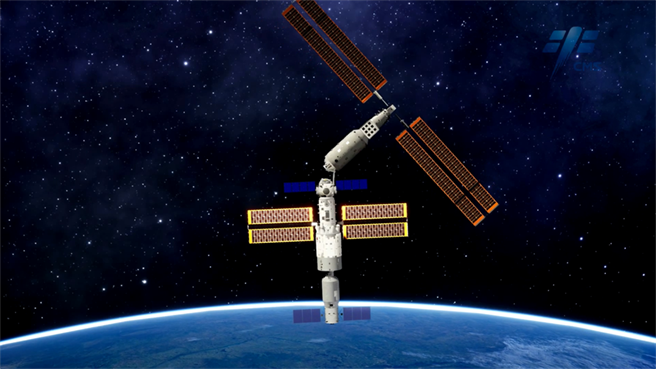 中国太空站问天实验舱9月30日完成转位，两舱天和核心舱、问天实验舱由「一」字构型转变为「L」字构型。图为转位示意图。 （中国航太科技集团提供）