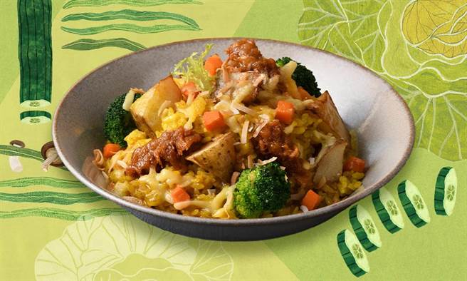 莱尔富携宽心园推蔬食新品「葡式咖哩焗饭」，89元。（莱尔富提供）