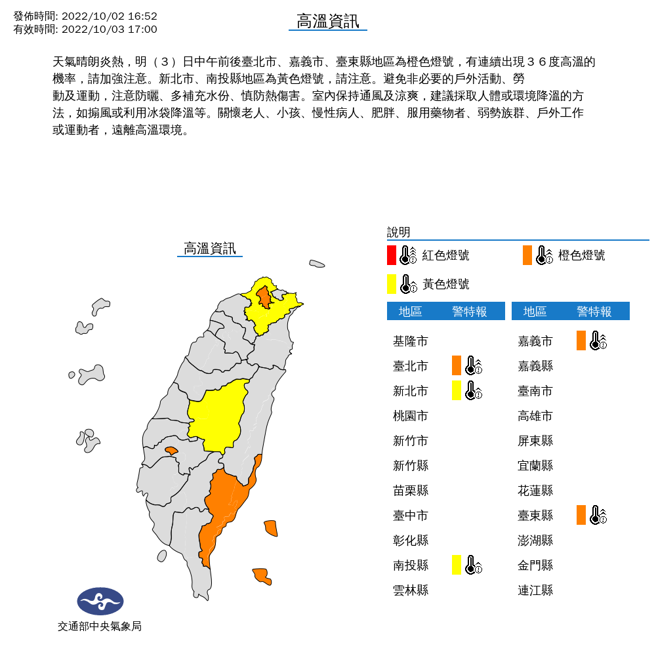 氣象局發布高溫資訊。（翻攝自氣象局）