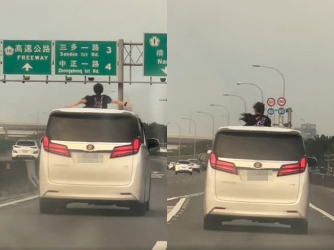 1名网友昨（2）在国道1号楠梓段发现前方轿车的天窗竟钻出2名幼童在吹风玩耍，11秒影片曝光引发眾怒，其他网友怒批家长失职。（翻摄自脸书「爆料公社公开版」）