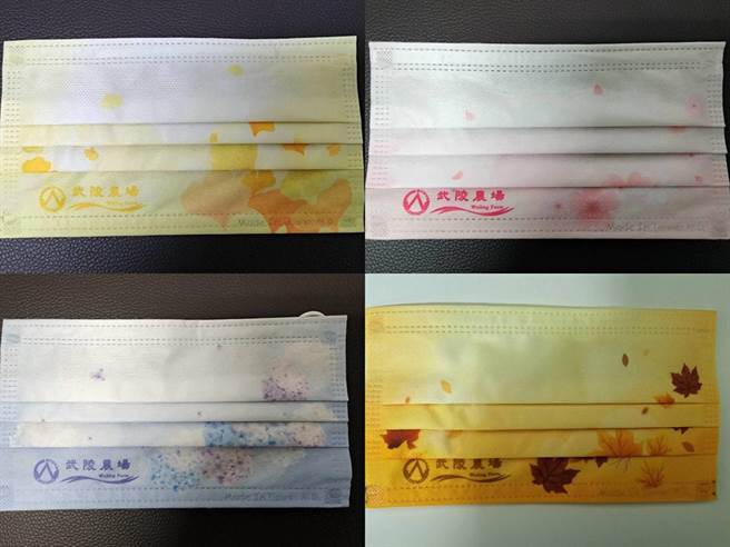 武陵农场绝美吸睛的行销小物口罩，印有樱花、银杏、枫叶、绣球花共4个样式。（武陵农场提供）