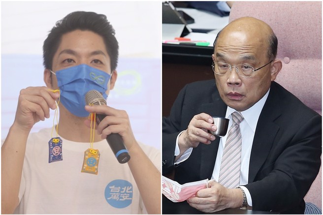 国民党台北市长候选人蒋万安阵营表示，民进党政府过去六年多箝制言论的劣迹班班，行政院长苏贞昌还若无其事，不愧是连神明都敢骗的人，真的是「职业说谎家」。（左图：陈怡诚摄、右图：姚志平摄／合成）