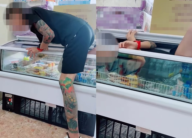 男子疑似想要透過拍影片，紅上抖音影音平台，竟然做出脫序行為，躺進超商冰櫃。（翻攝自臉書記者爆料網）