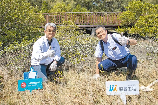 中信银行支持种树倡议，由中信银行公共关系暨公益推展处长林永胜（左）代表在沙洲种下树苗。（中信银行提供）