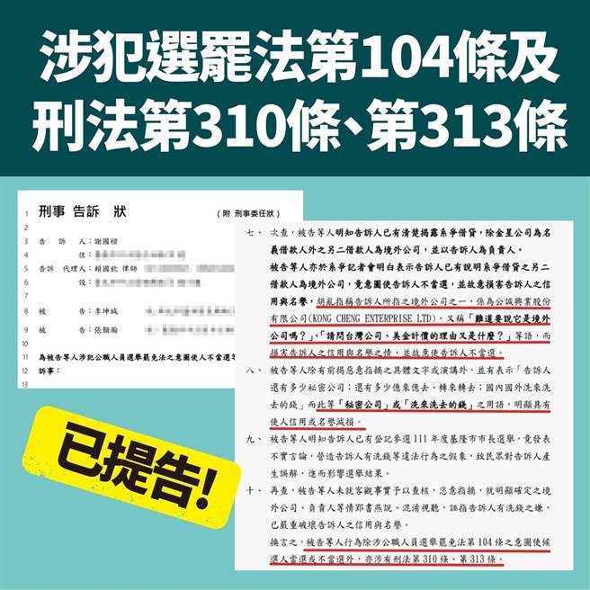 国民党基隆市长参选人谢国梁4日表示，将提告新北市议员李坤城及基隆市议员张灏瀚，并拿出林冠百借贷案的实际金额分配附表。（谢国梁办公室提供／张志康基隆传真）