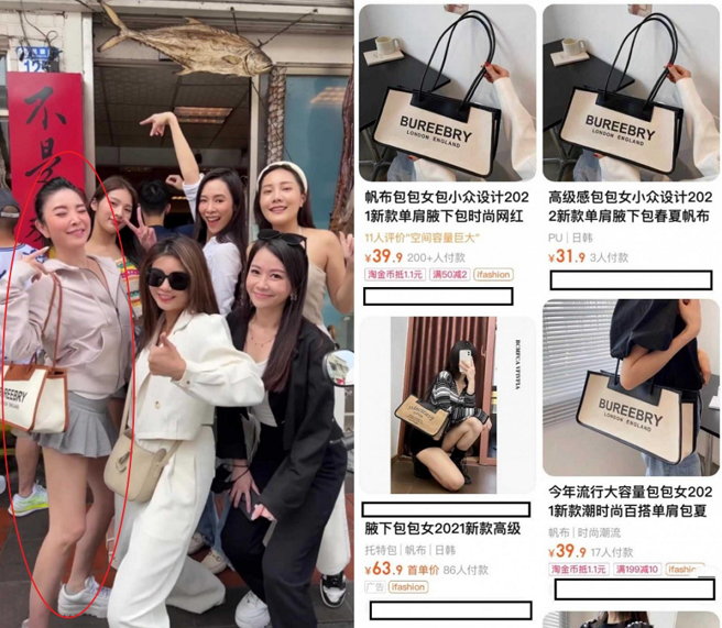 许维恩被眼尖网友揪出背山寨包，事后她也发文道歉认错。(图/ 摘自康茵茵IG、摘自淘宝网)