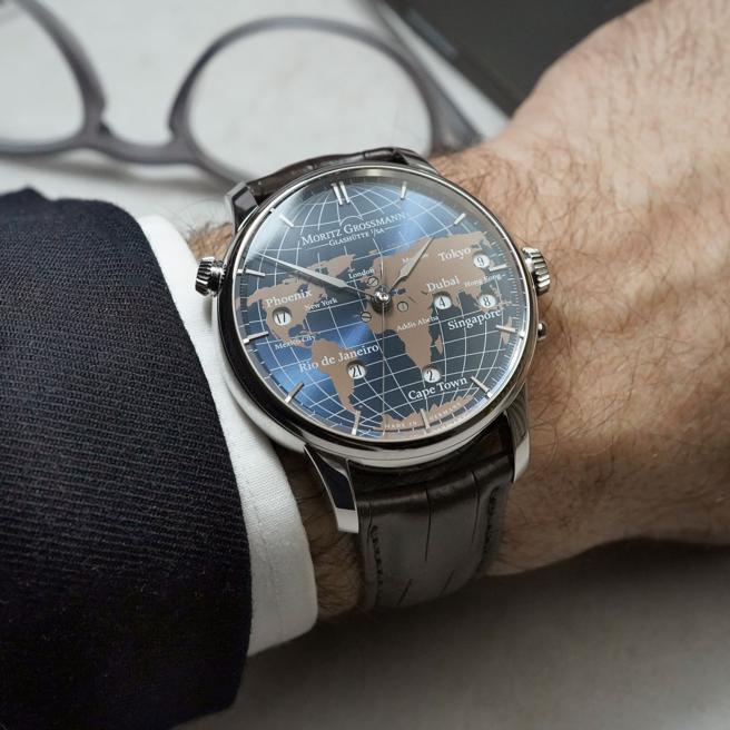 Moritz Grossmann新款UNIVERSALZEIT世界时间腕表，表盘上美丽世界地图十分精致。（Moritz Grossmann提供）