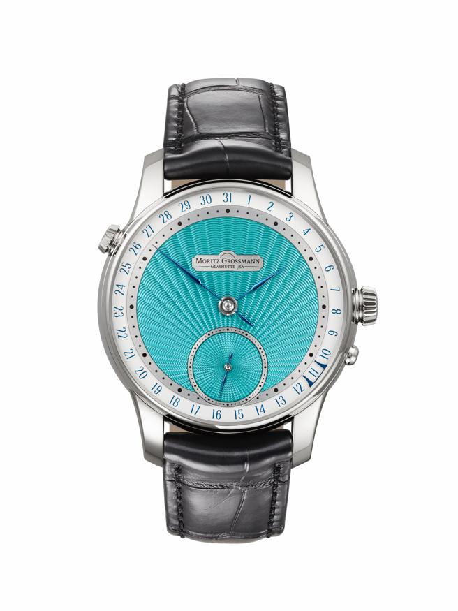 Moritz Grossmann的DATE Turquoise腕表，绿松石色纽索纹表盘别具特色。（Moritz Grossmann提供）
